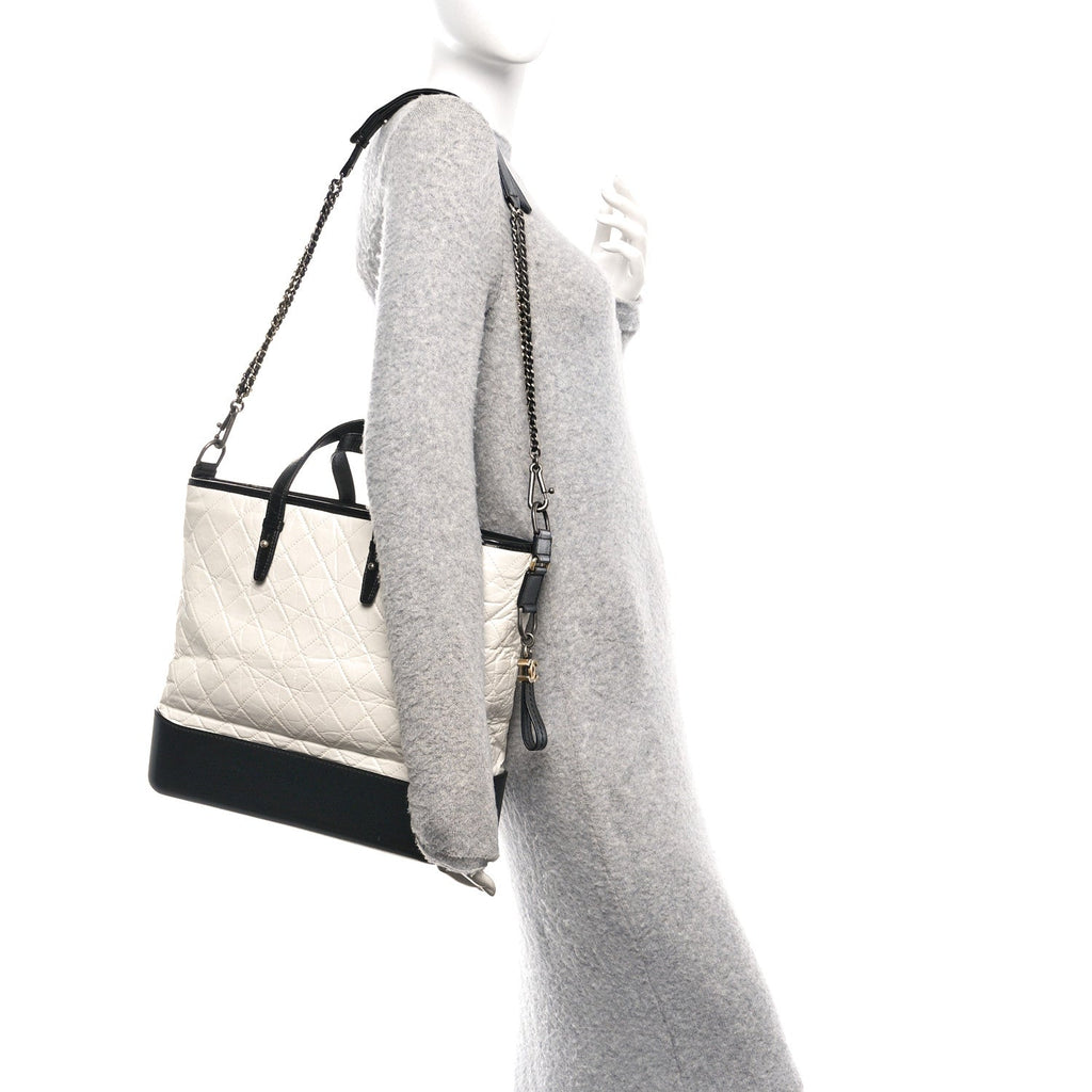 Chanel Aged Calfskin Quilted Large Gabrielle Shopping Tote White Black