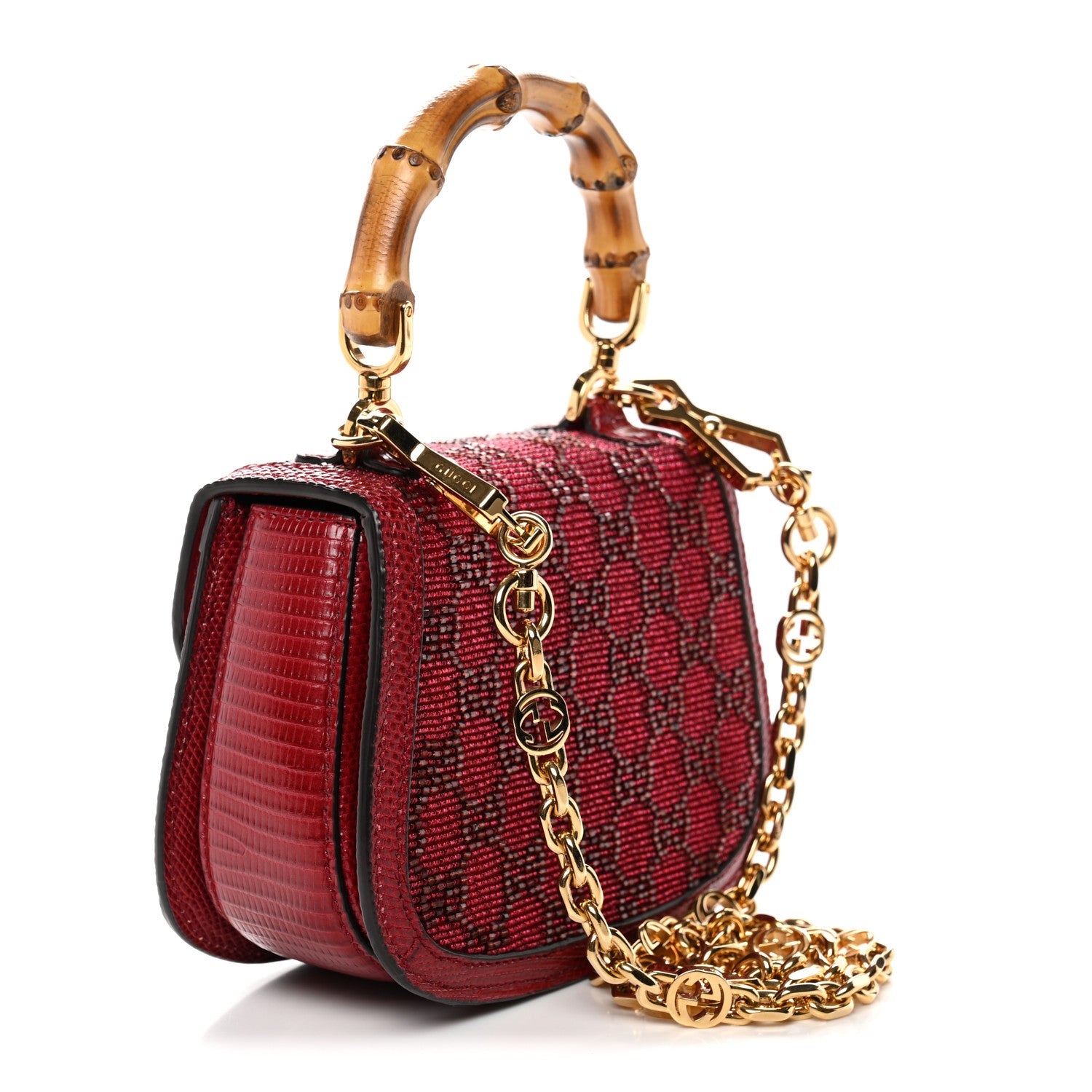 Gucci Moire Fabric Calfskin Rhinestone Monogram Monochrome Lizard Embossed Mini Bamboo 1947 Top Handle Chain Bag Red