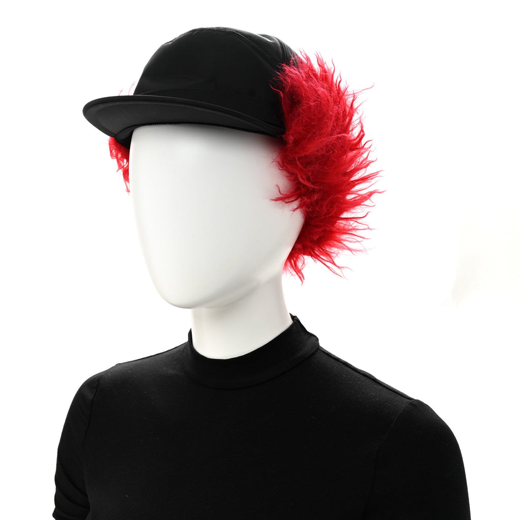 Prada Re-Nylon Curly Faux Fur Mens Ear Flap Baseball Hat L Black Cerise