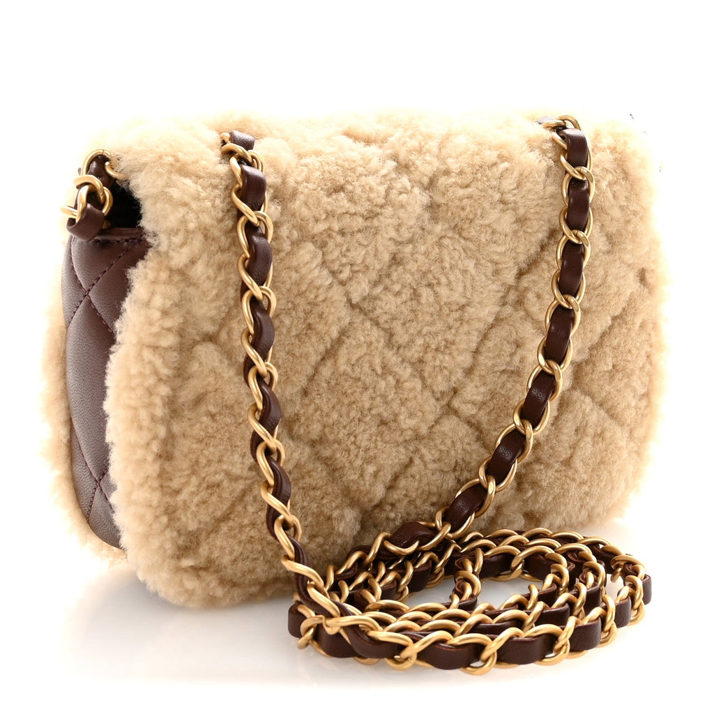 Chanel Shearling Lambskin Quilted Mini Furry Coco Flap Beige Dark Brown