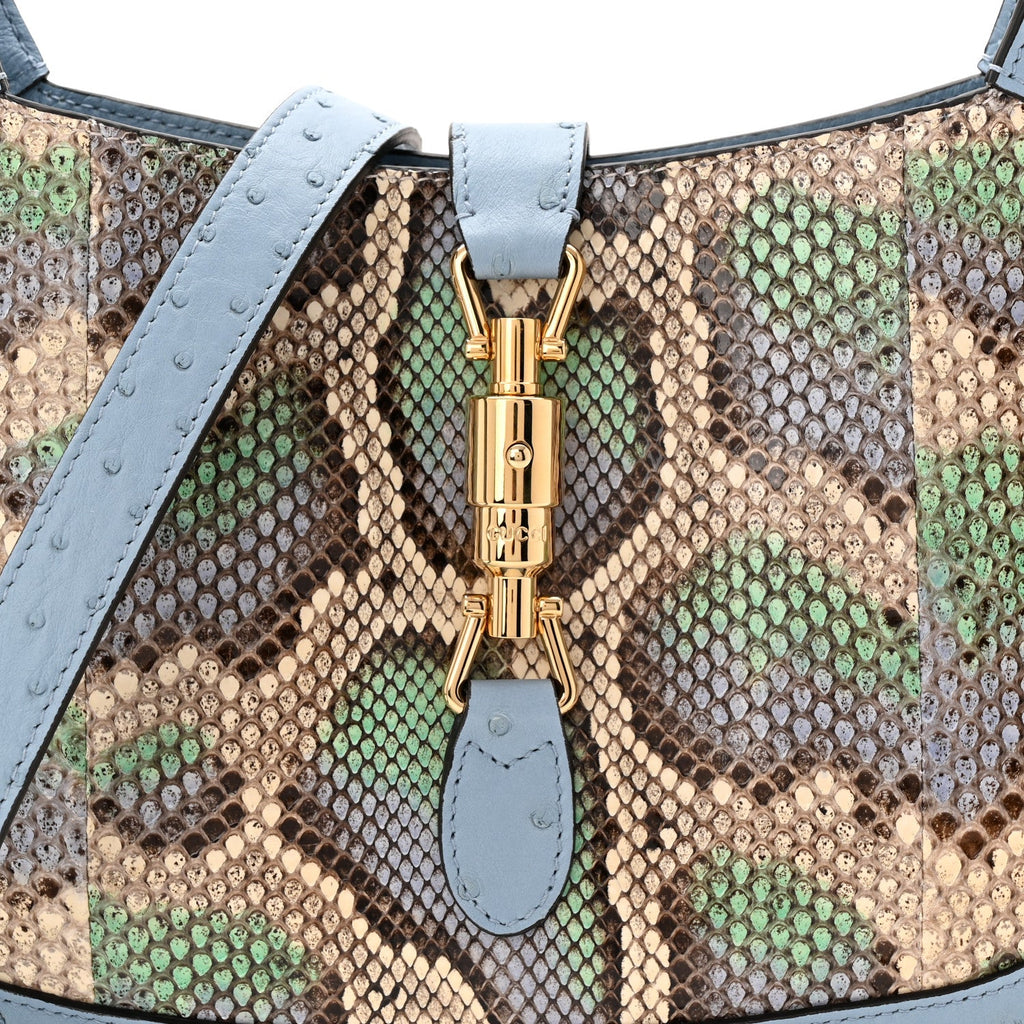 Gucci Snakeskin Ostrich Calfskin Small Jackie 1961 Hobo Blue Multicolor