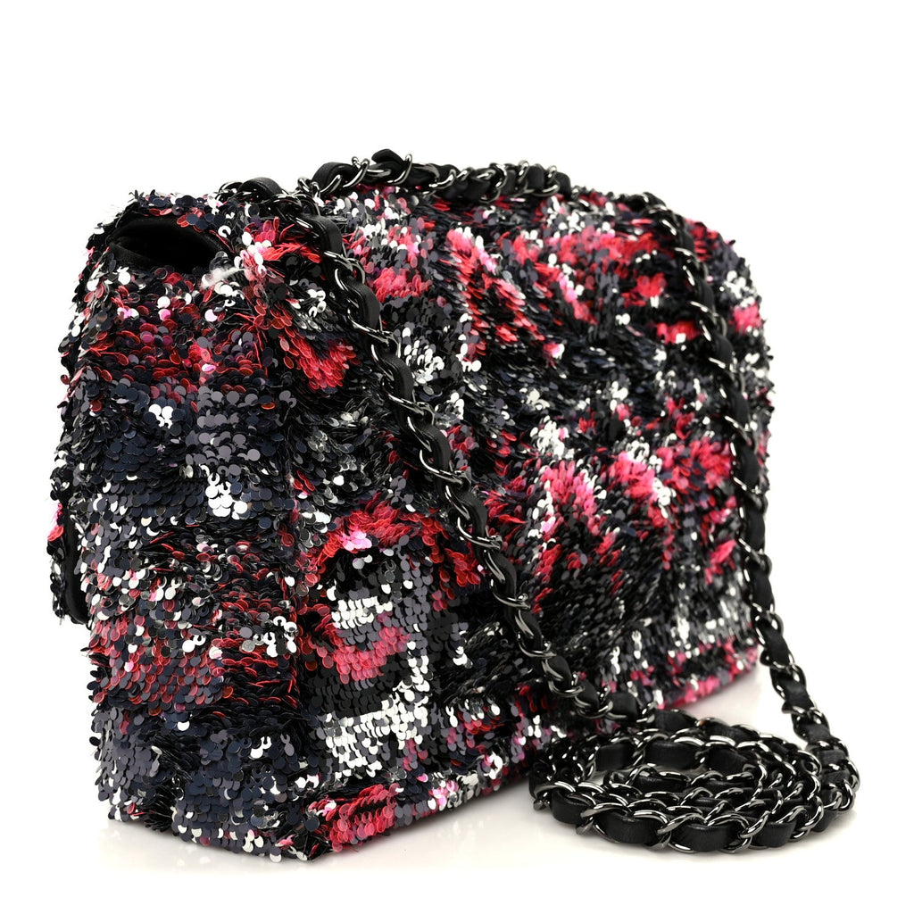 Chanel Sequin Logo Single Flap Pink Silver Black