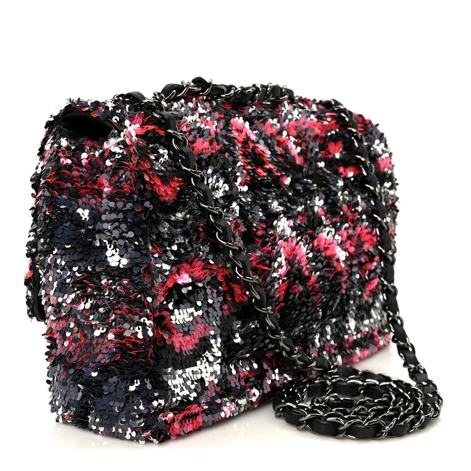 Chanel Sequin Logo Single Flap Pink Silver Black