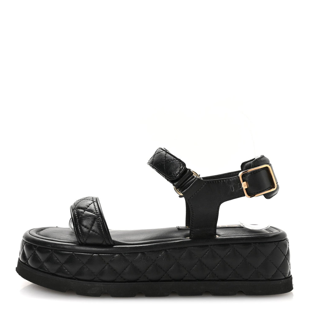 Lambskin Quilted Platform Sandals 38 Black