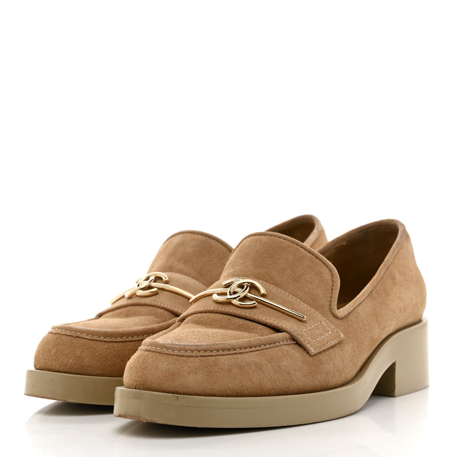 Chanel Suede Metal CC Mocassin Loafers 37 Beige