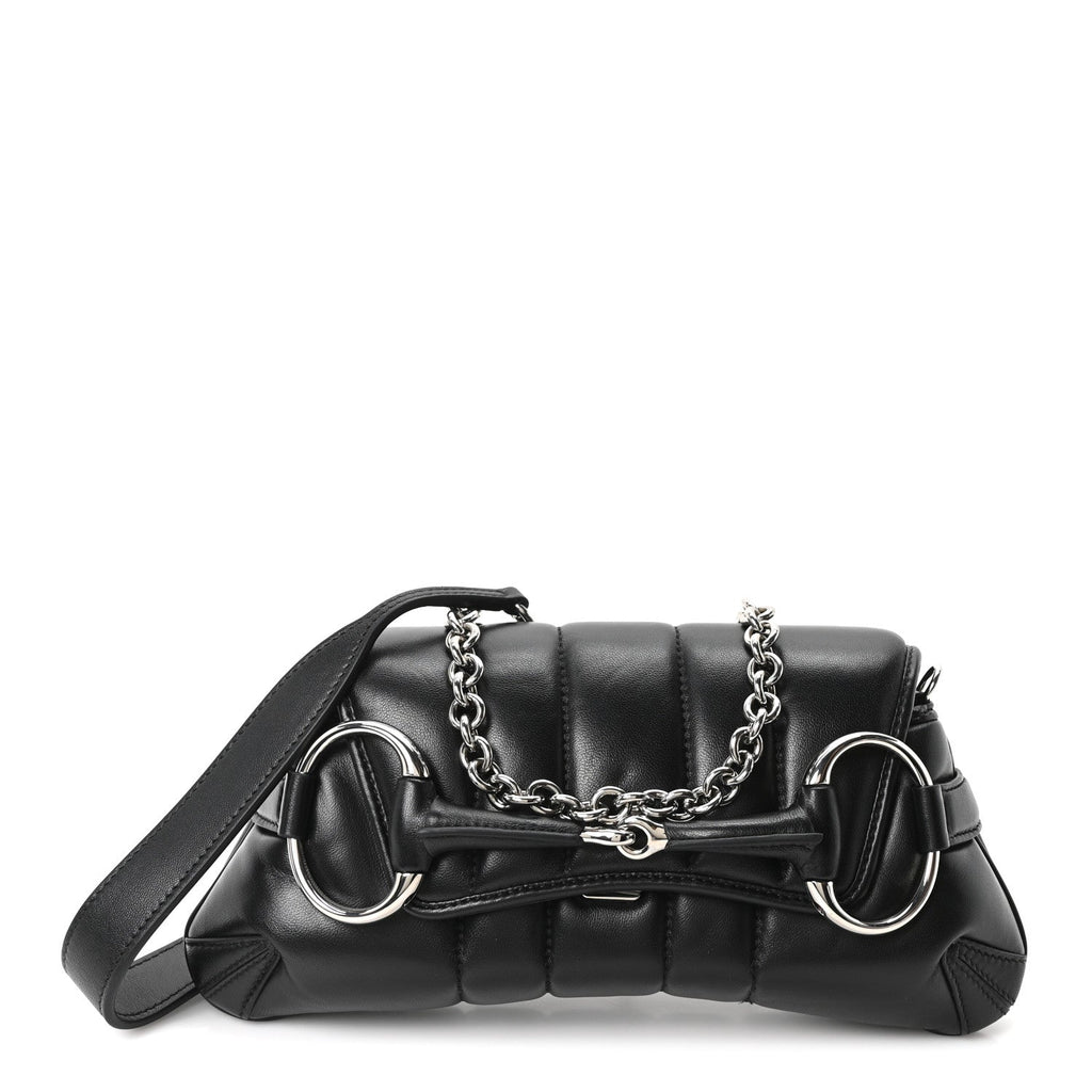 Gucci Nappa Vertical Matelasse Small Maxi Horsebit Chain Shoulder Bag Black