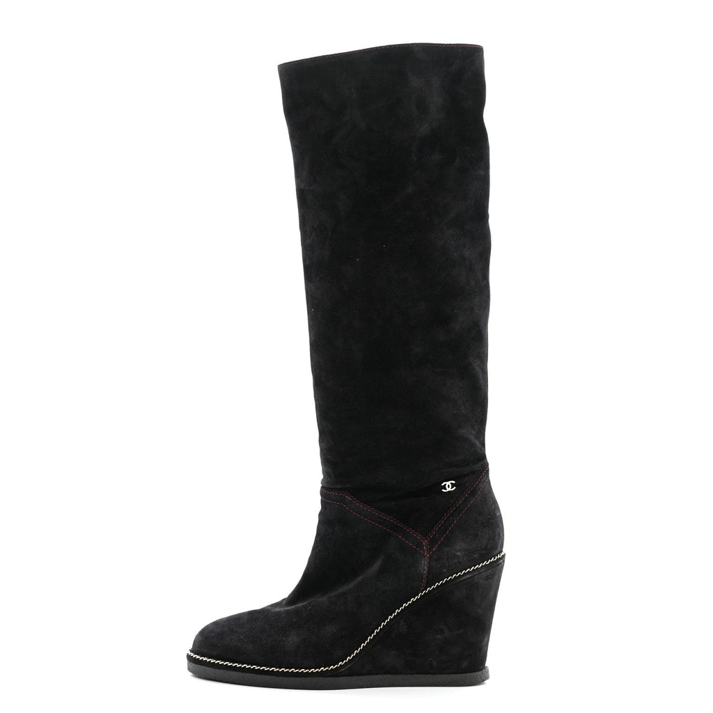 Chanel Suede Calfskin Chain Around High Boots 41 Black