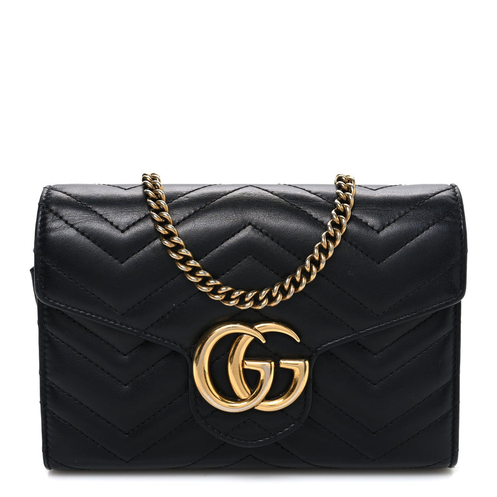Gucci Calfskin Matelasse GG Marmont Chain Wallet Black