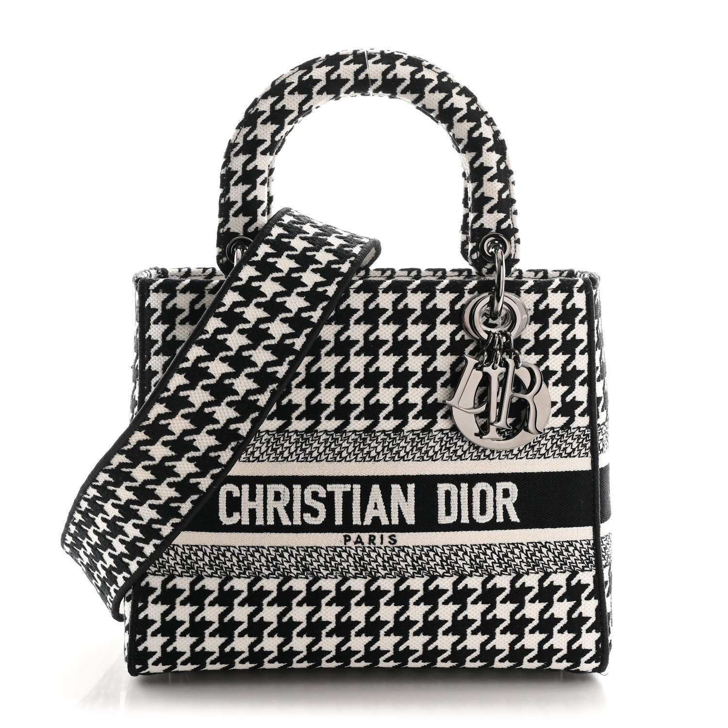 Christian Dior Canvas Houndstooth Embroidered Medium Lady D-Lite Black White