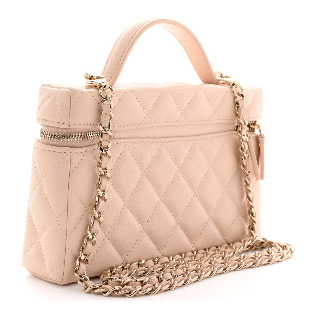 Chanel Caviar Quilted Top Handle Slim Vanity With Chain Beige