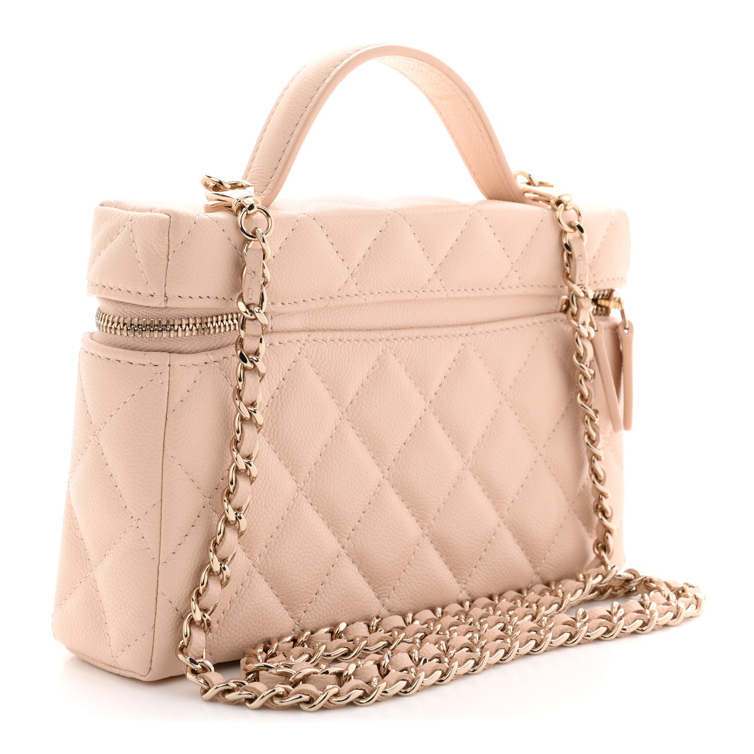 Chanel Caviar Quilted Top Handle Slim Vanity With Chain Beige