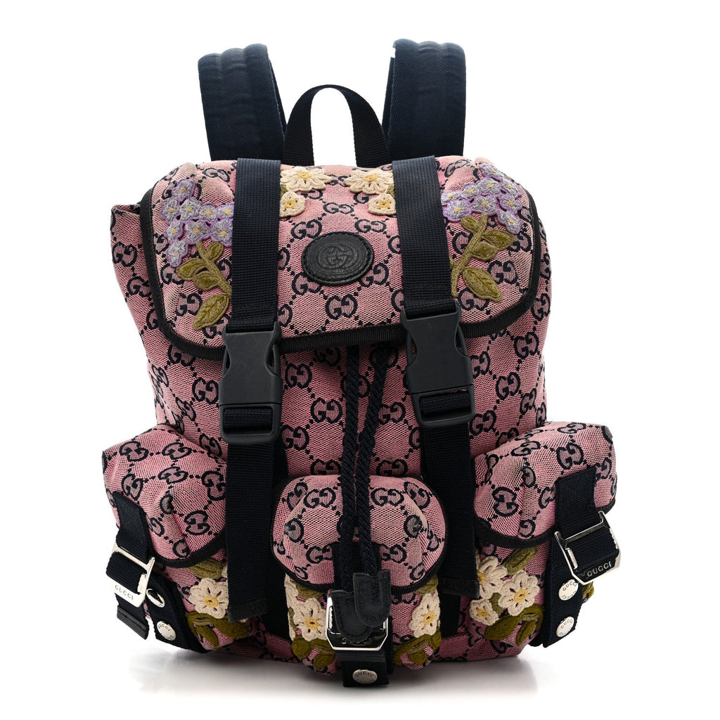 Gucci Monogram Multicolor Floral Embroidered Large Retro Interlocking G Three Pocket Backpack Pink Blue Multicolor