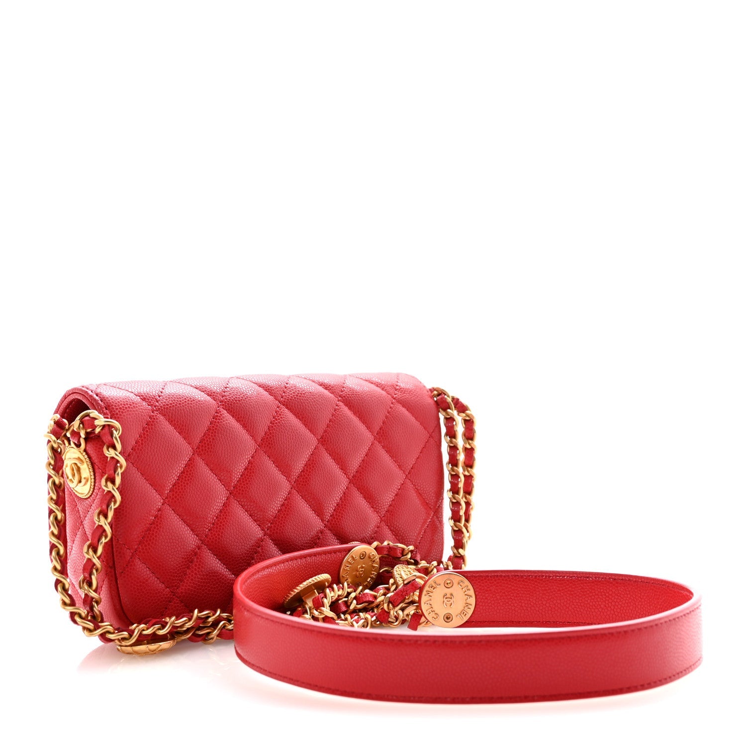 Chanel Caviar Quilted Yours Buttons Phone Holder With Chain Red