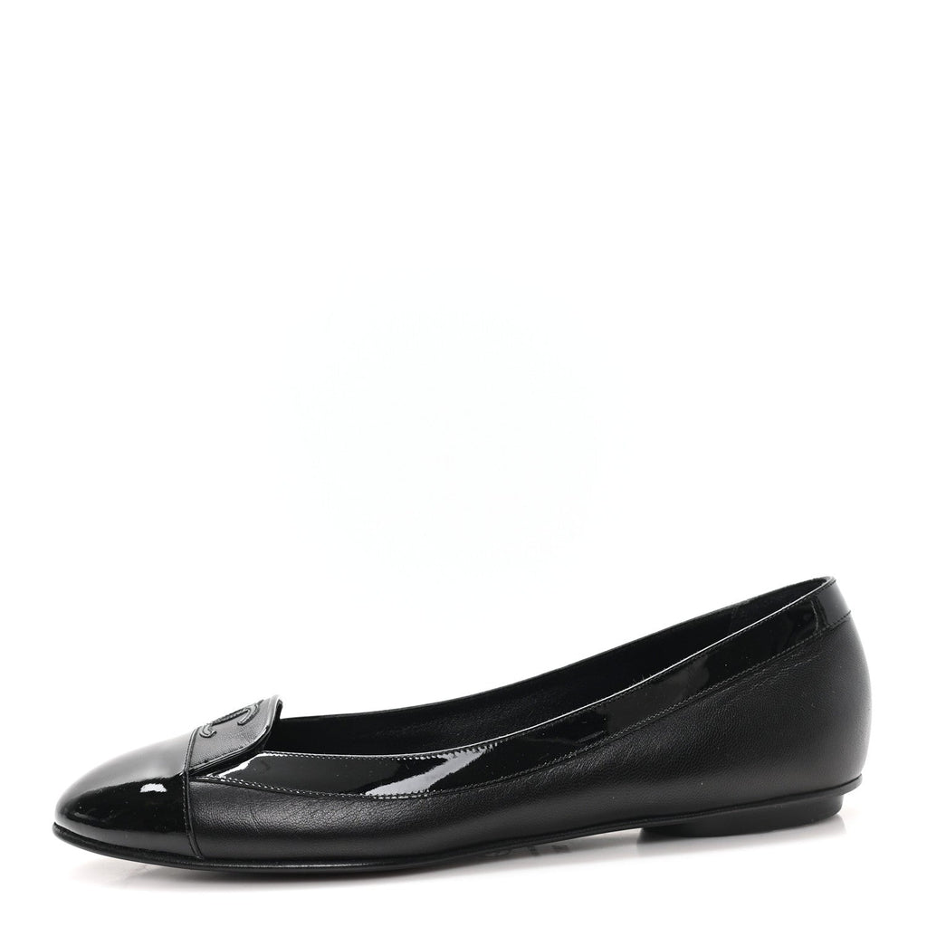 Calfskin Patent Cap Toe Ballerina Flats 38.5 Black