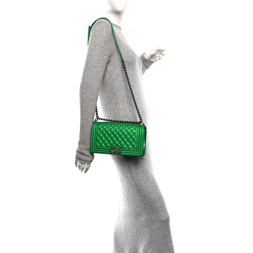 Chanel Metallic Calfskin Quilted Medium Boy Flap Green