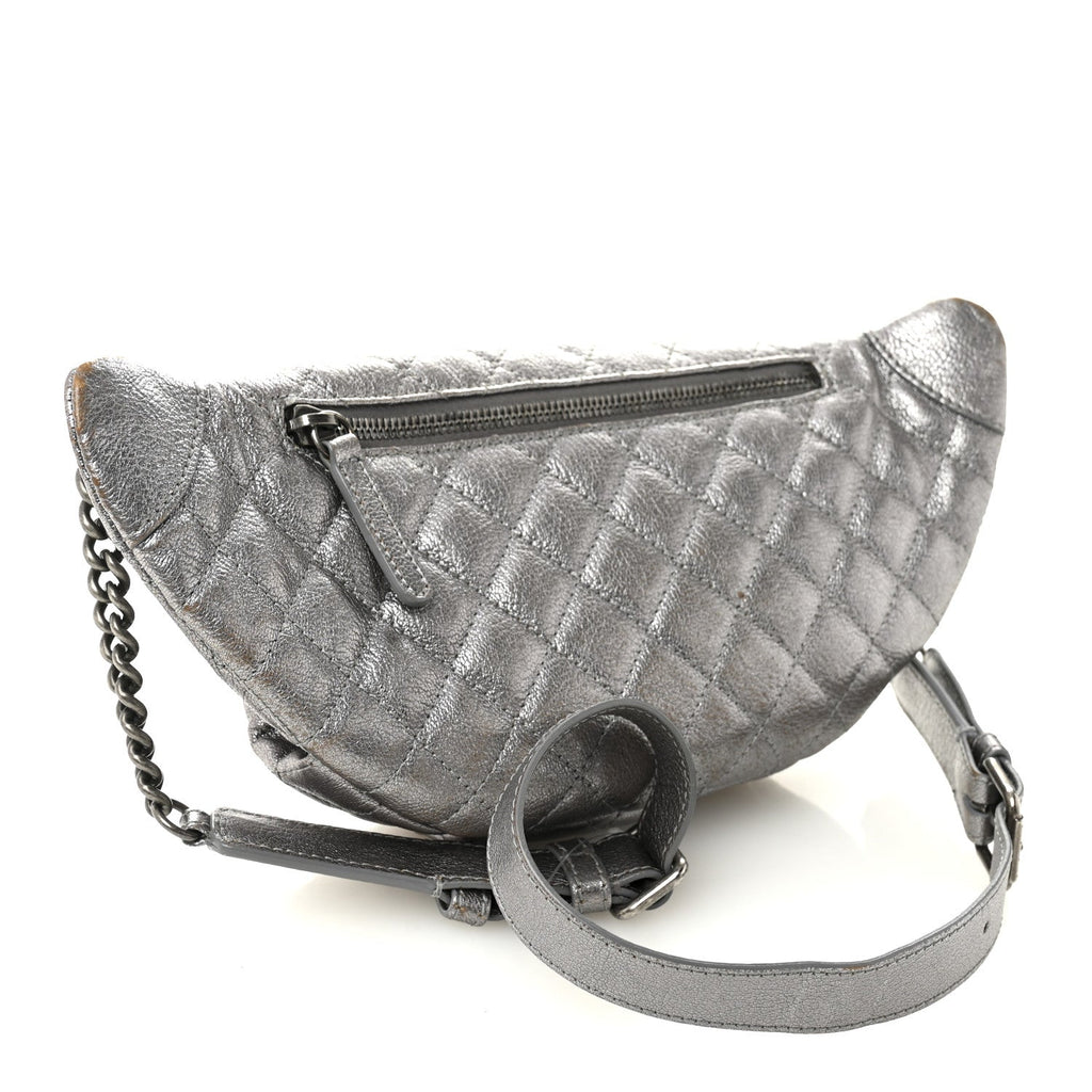 Chanel Metallic Calfskin Quilted Banane Waist Bag Fanny Pack Dark Silver