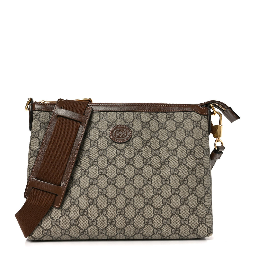 Gucci GG Supreme Monogram Azalea Calfskin Retro Interlocking G Wristlet Messenger Bag Beige Ebony Brown Sugar