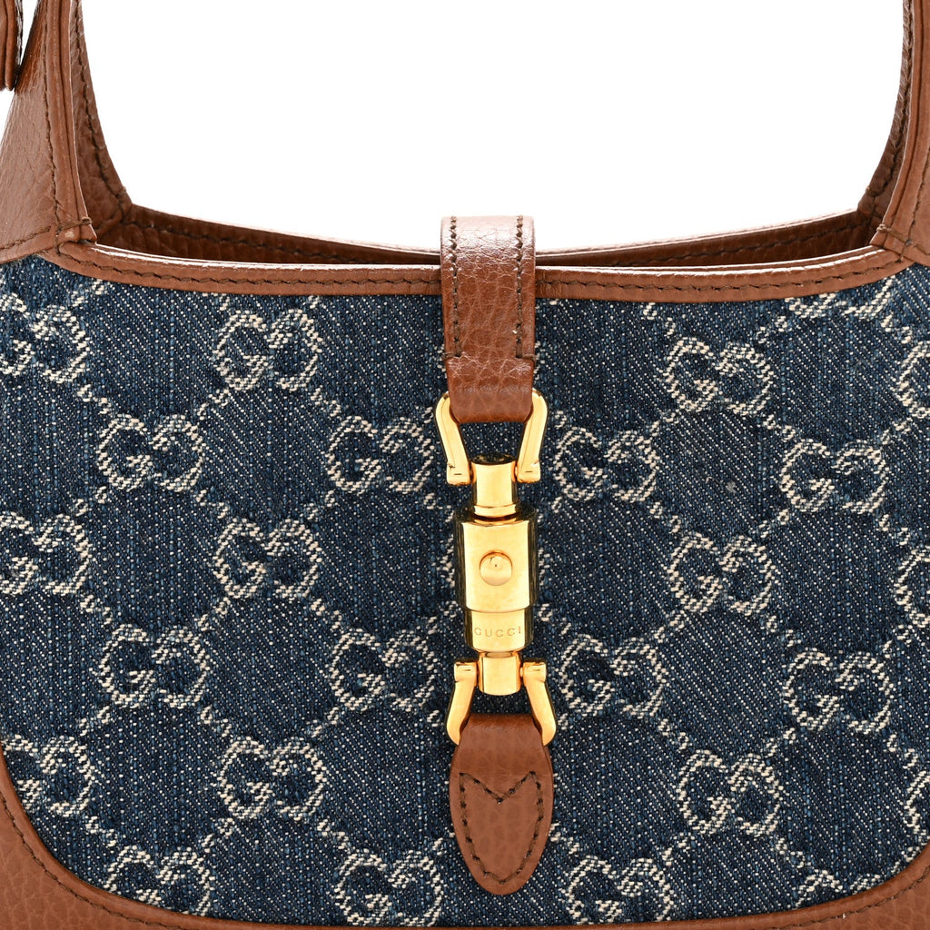 Gucci New Denim GG Monogram Calfskin Mini Jackie 1961 Hobo Blue Tea Cuir