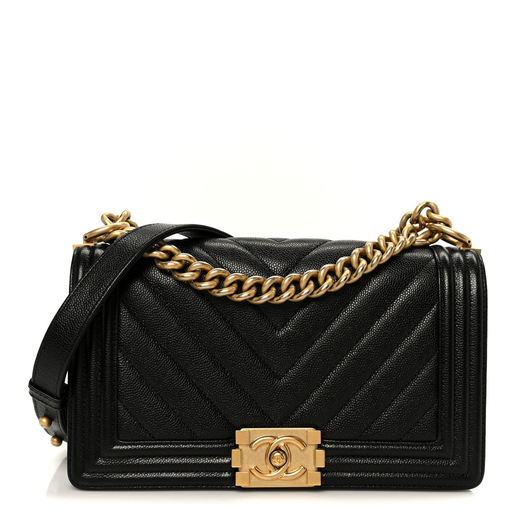 Chanel Caviar Chevron Quilted Medium Boy Flap Black