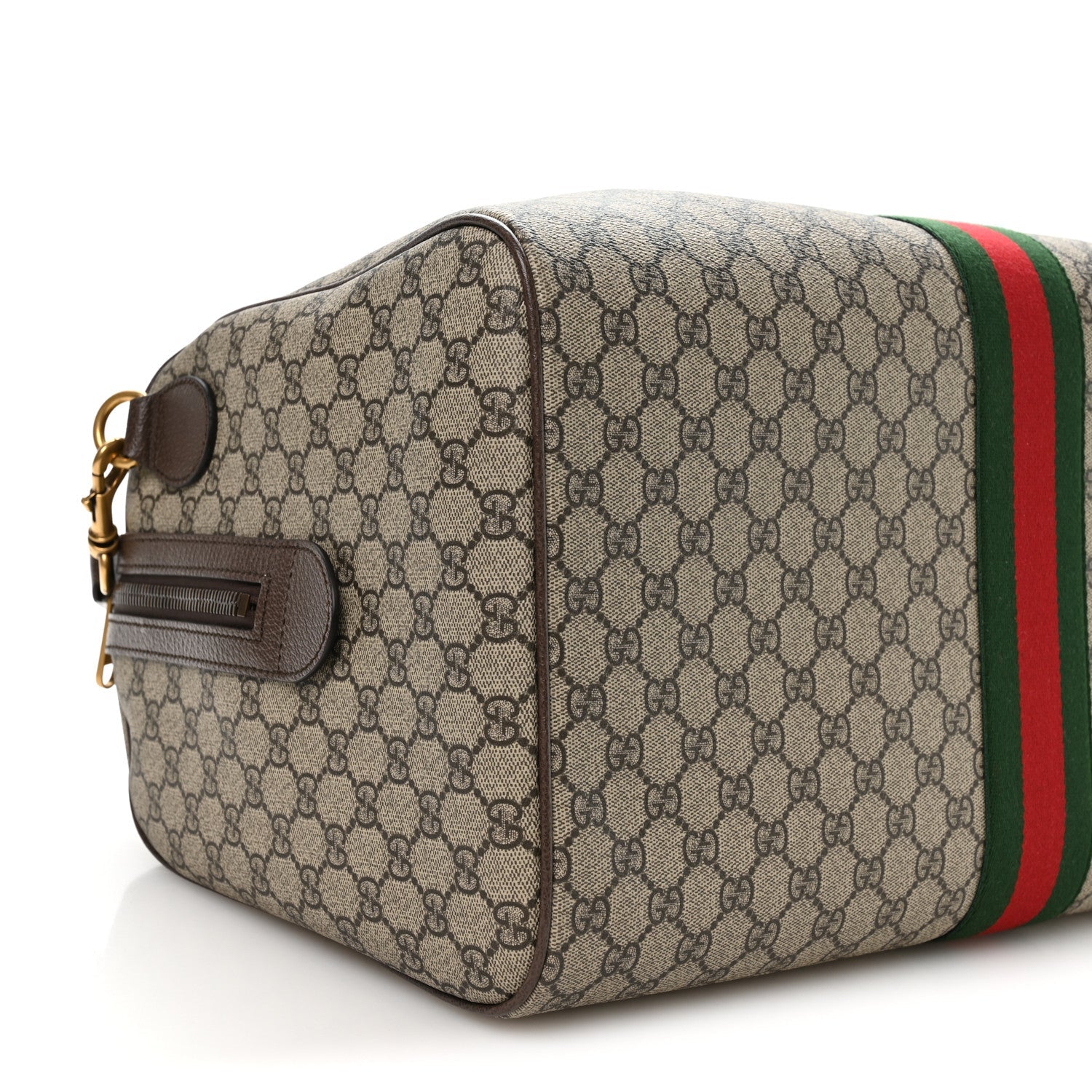 Gucci GG Supreme Monogram Textured Dollar Calfskin Web Medium Savoy Duffle Bag Beige Dark Brown