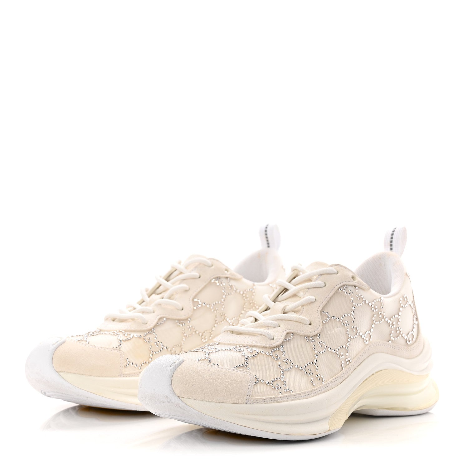 Gucci Tela Retino Mesh Crystal Suede GG Monogram Womens Gucci Run Sneakers 37.5 Off White Silver