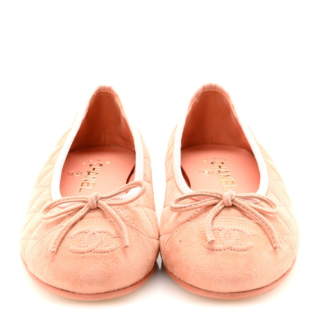 Chanel Suede Quilted Cap Toe CC Ballerina Flats 37 Light Orange