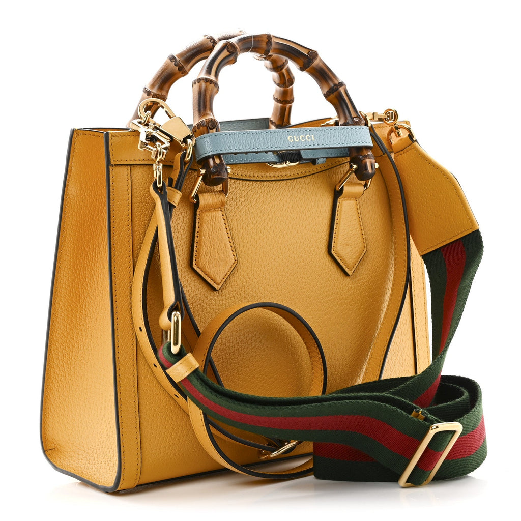Gucci Textured Dollar Calfskin Web Small Diana Tote Bag Yellow Dusty Azure
