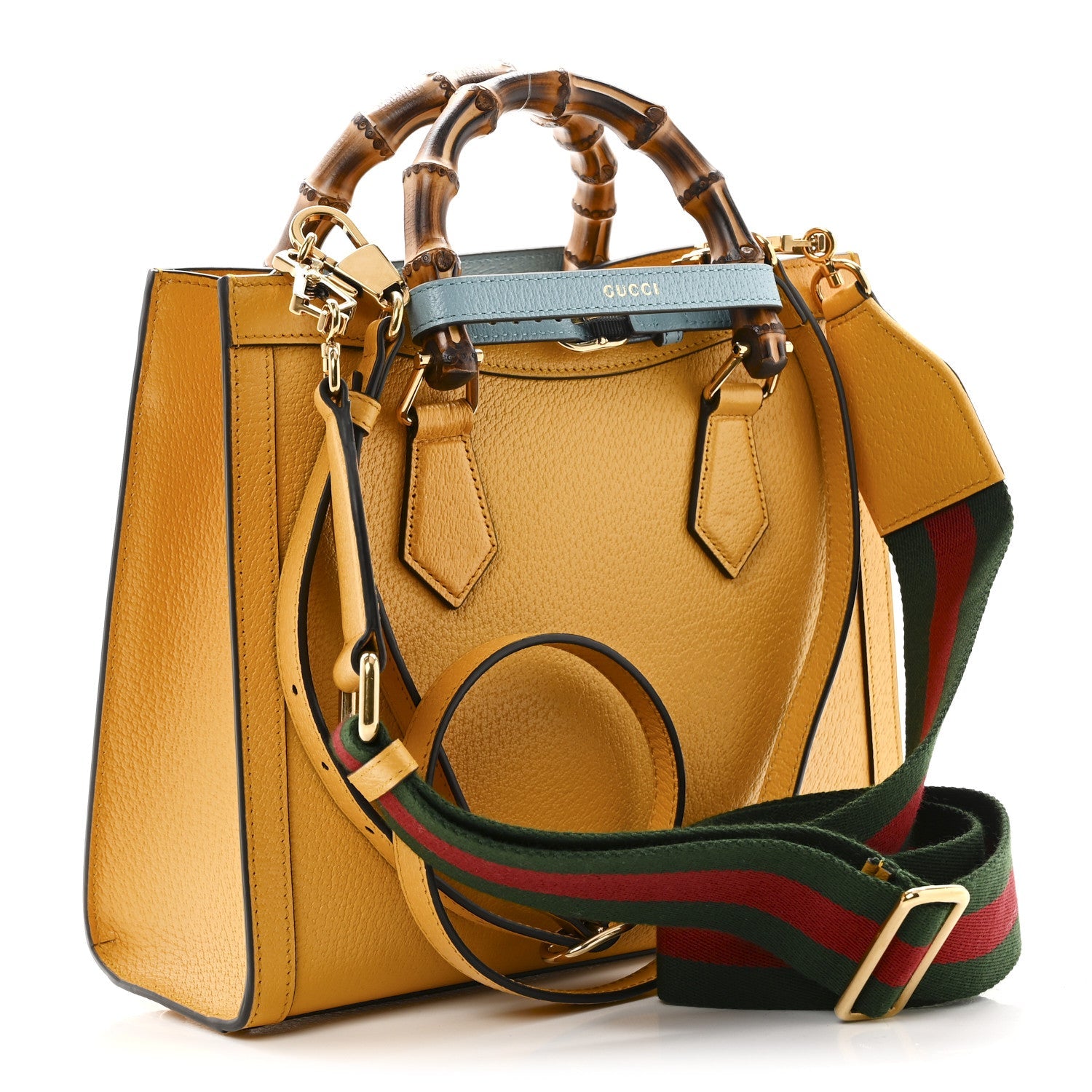 Gucci Textured Dollar Calfskin Web Small Diana Tote Bag Yellow Dusty Azure