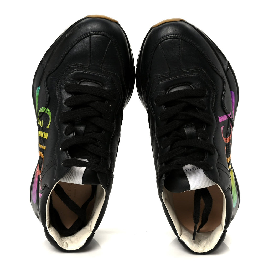 Gucci Calfskin Iridescent Logo Womens Rhyton Sneakers 38 Black