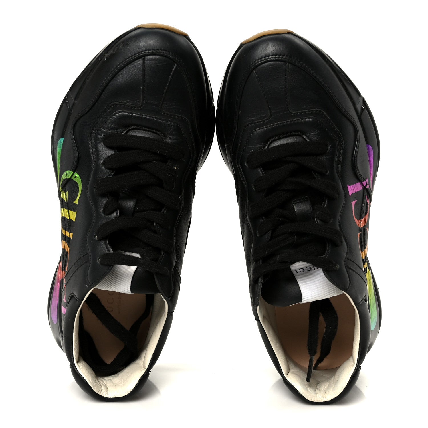 Gucci Calfskin Iridescent Logo Womens Rhyton Sneakers 38 Black