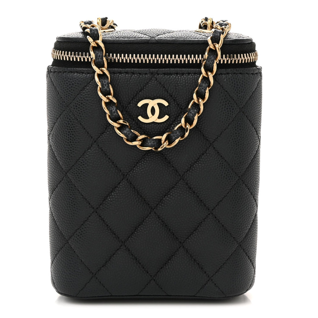 Chanel Caviar Quilted Small Vertical Coco Beauty Vanity Case With Chain Black