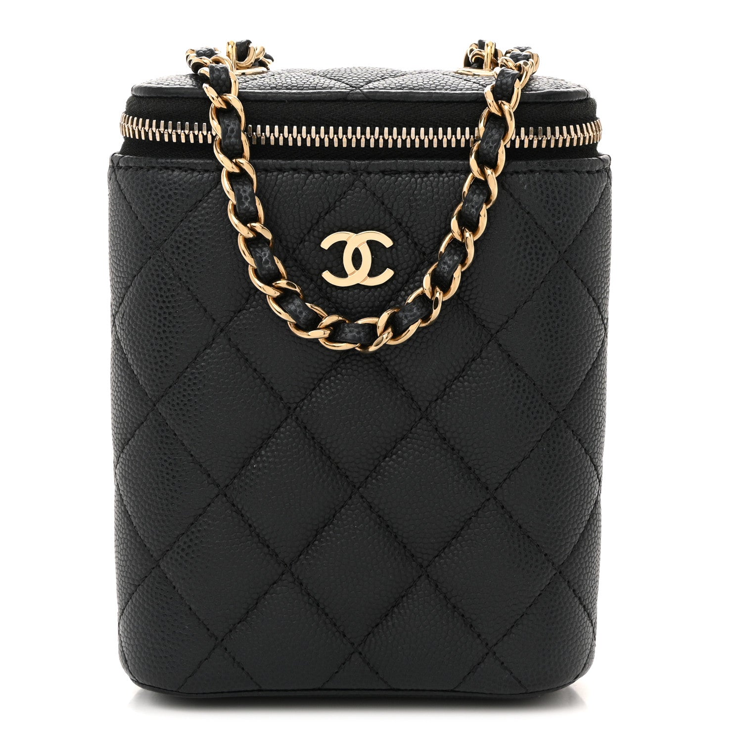 Chanel Caviar Quilted Small Vertical Coco Beauty Vanity Case With Chain Black