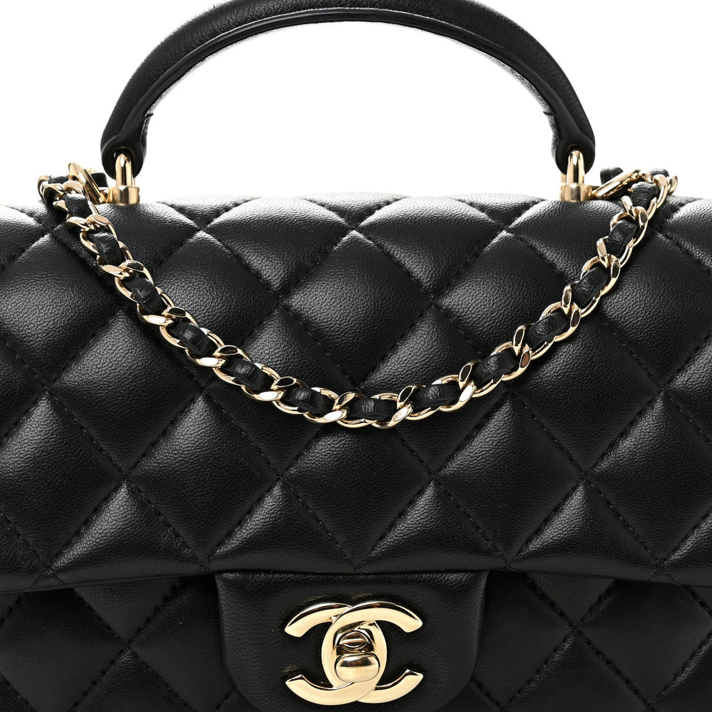 Chanel Lambskin Quilted Mini Top Handle Rectangular Flap Black