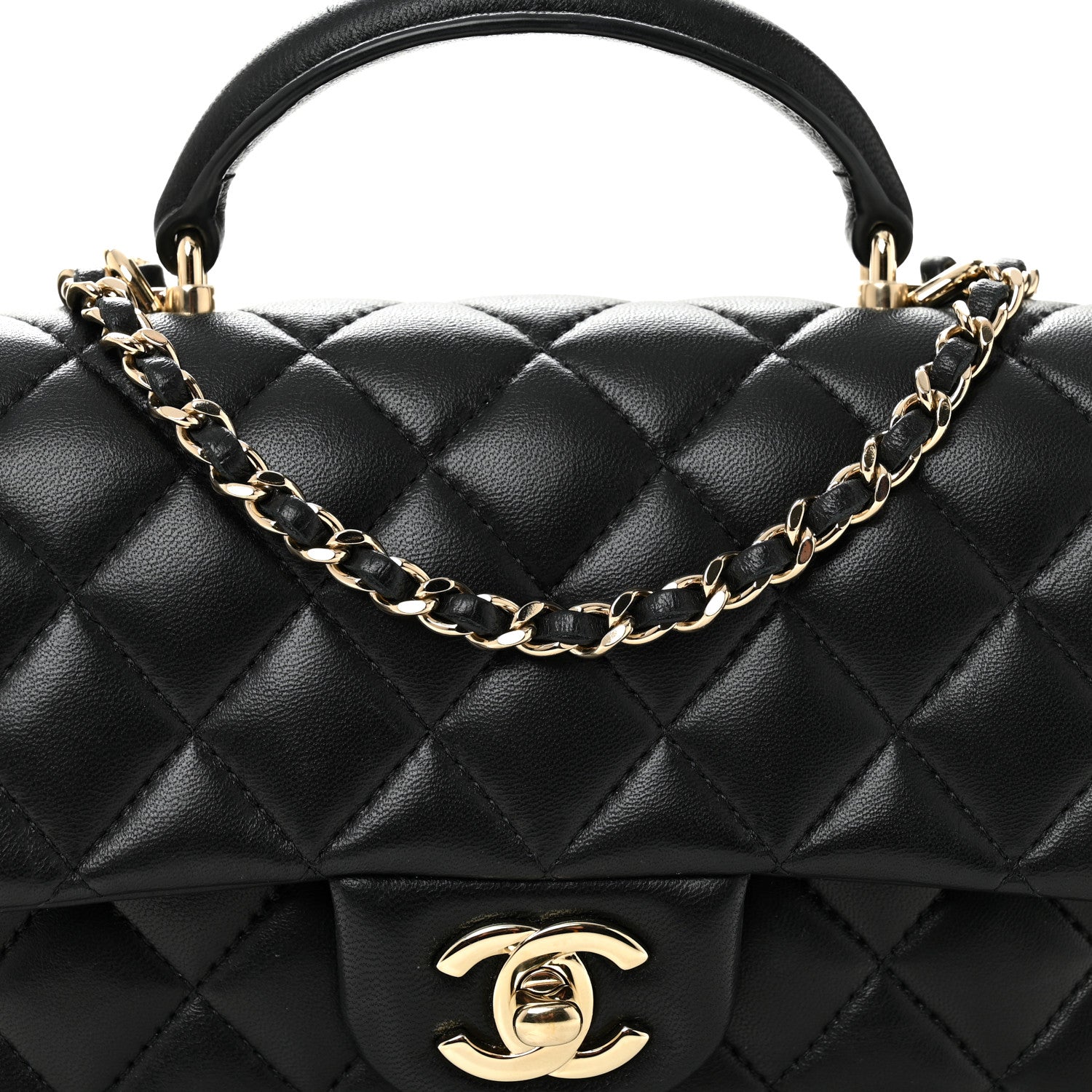 Chanel Lambskin Quilted Mini Top Handle Rectangular Flap Black