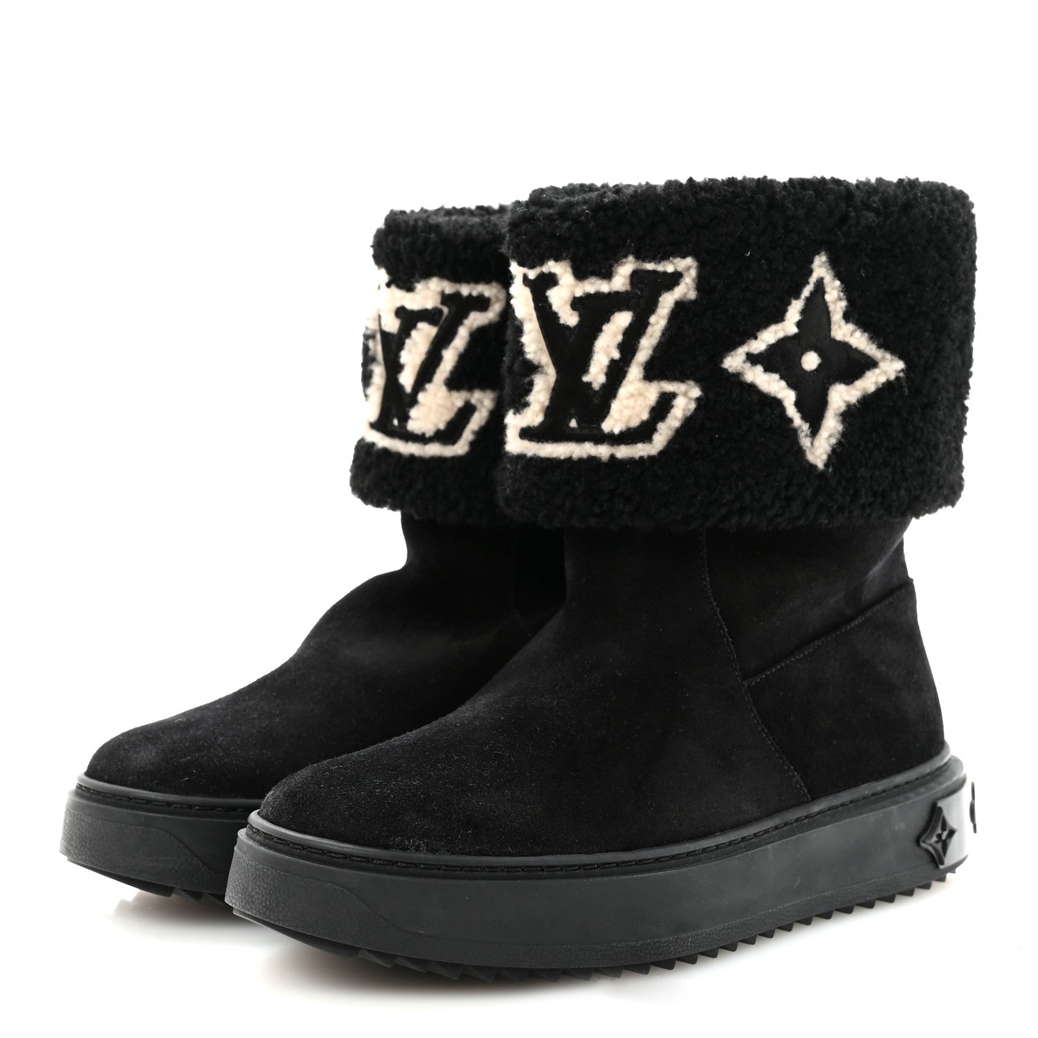 Louis Vuitton Suede Calfskin Shearling Snowdrop Flat Ankle Boot 37.5 Black