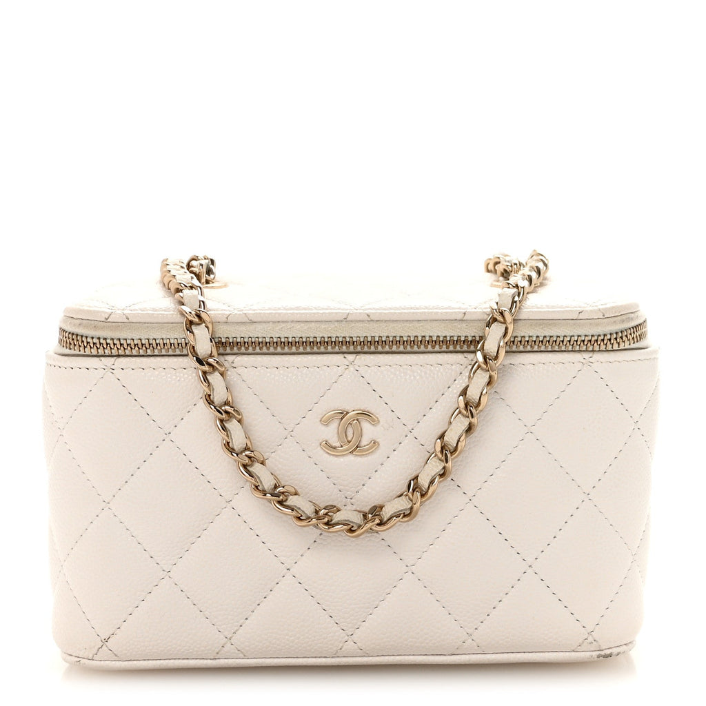 Caviar Quilted Small Vanity Case With Chain White