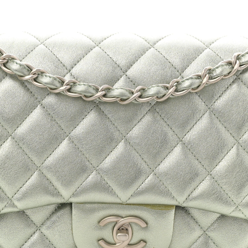 Chanel Metallic Lambskin Quilted Jumbo Double Flap Green