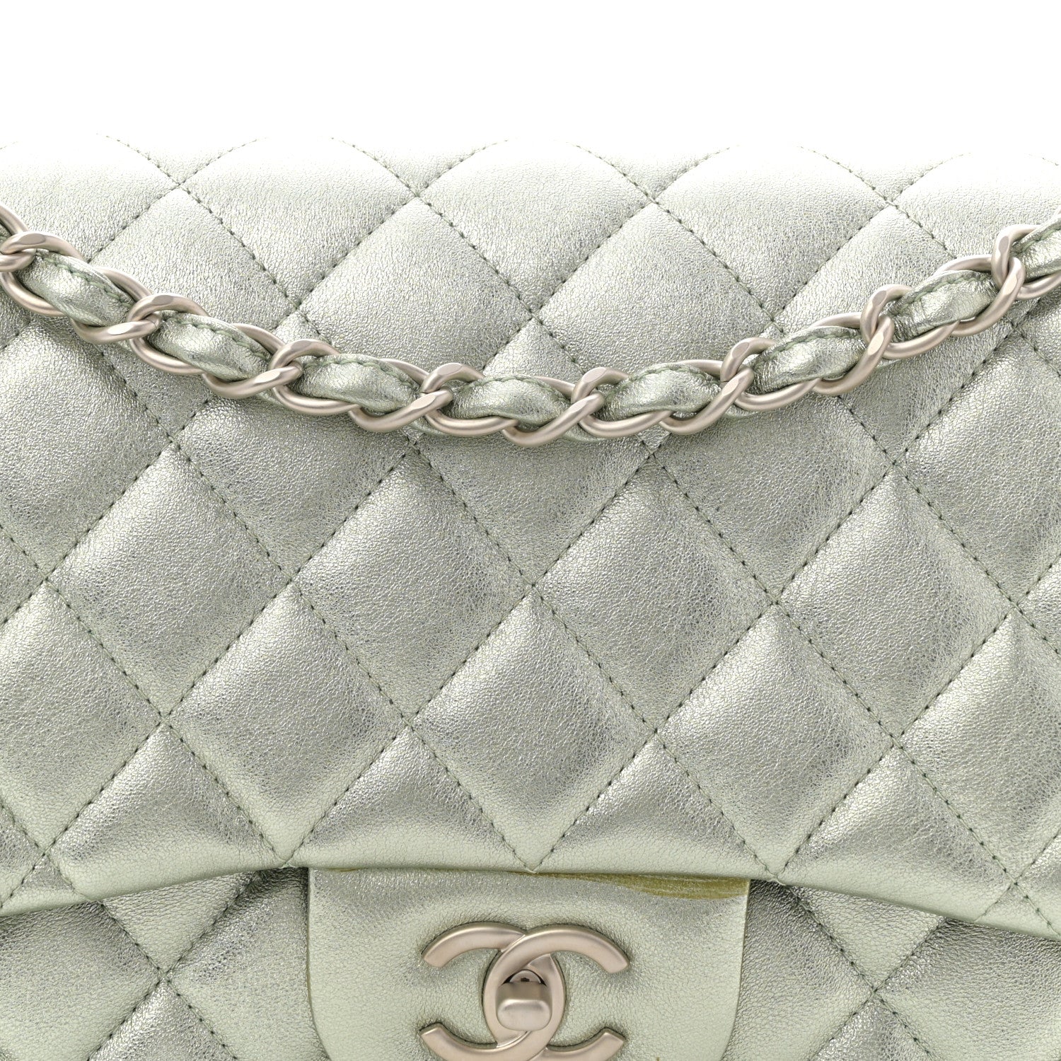 Chanel Metallic Lambskin Quilted Jumbo Double Flap Green