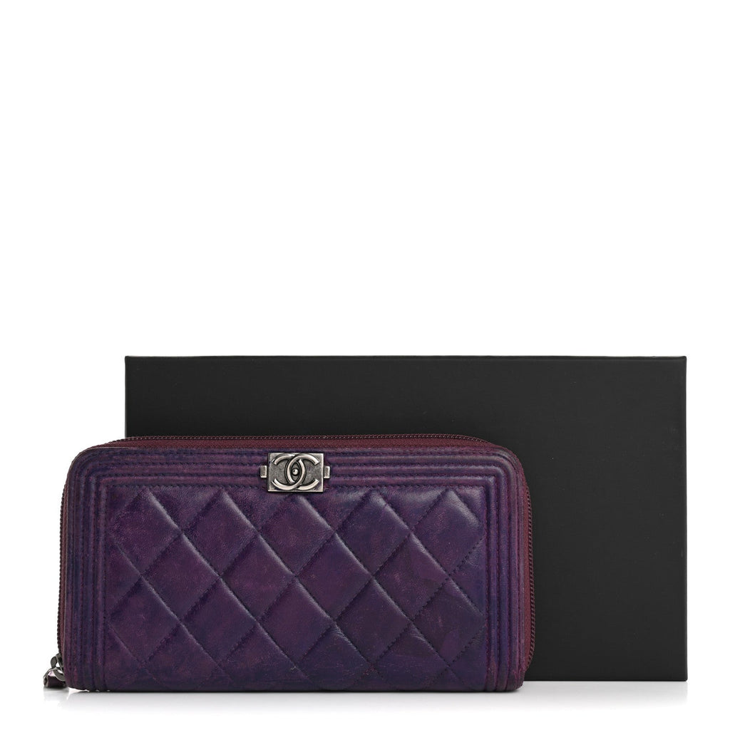 Lambskin Quilted Boy Zip Around Wallet Purple