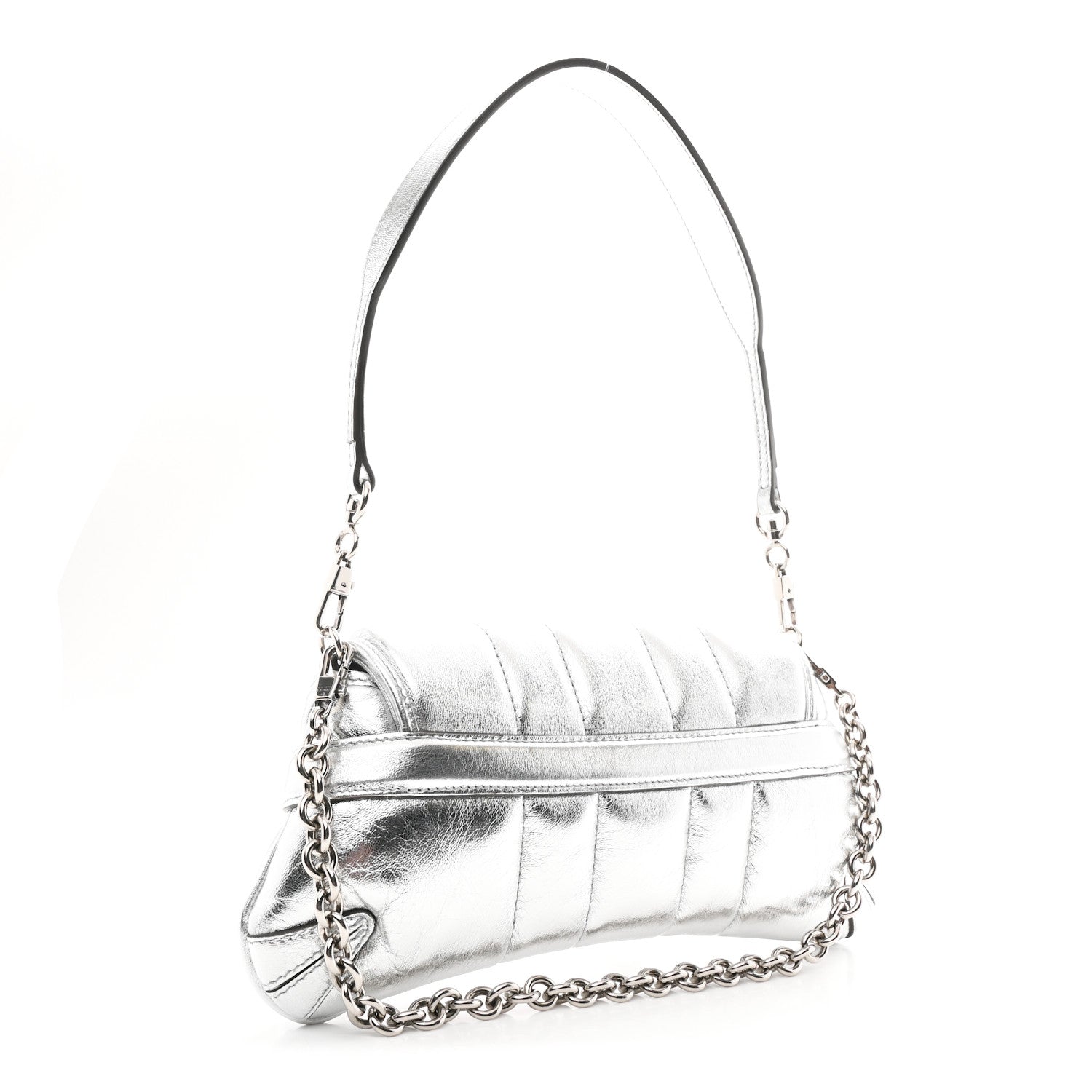 Gucci Metallic Nappa Vertical Matelasse Small Maxi Horsebit Chain Shoulder Bag Silver