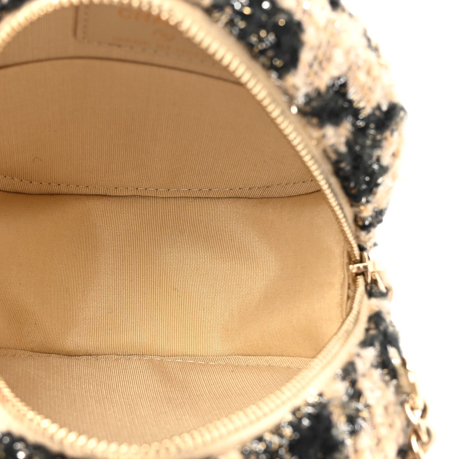 Chanel Tweed Shearling Round Clutch With Chain and Coin Purse Beige Black