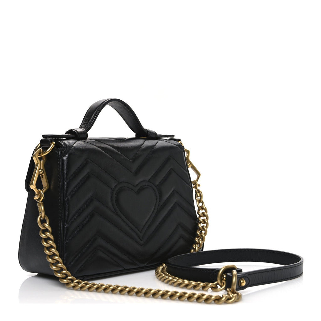 Gucci Calfskin Matelasse Mini GG Marmont Top Handle Shoulder Bag Black