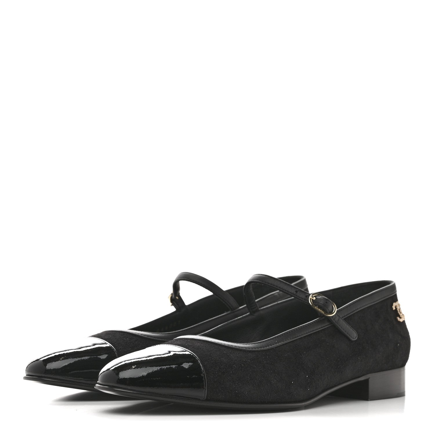 Chanel Suede Kidskin Lambskin Patent Calfskin Cap Toe CC Mary Jane Flats 39.5 Black