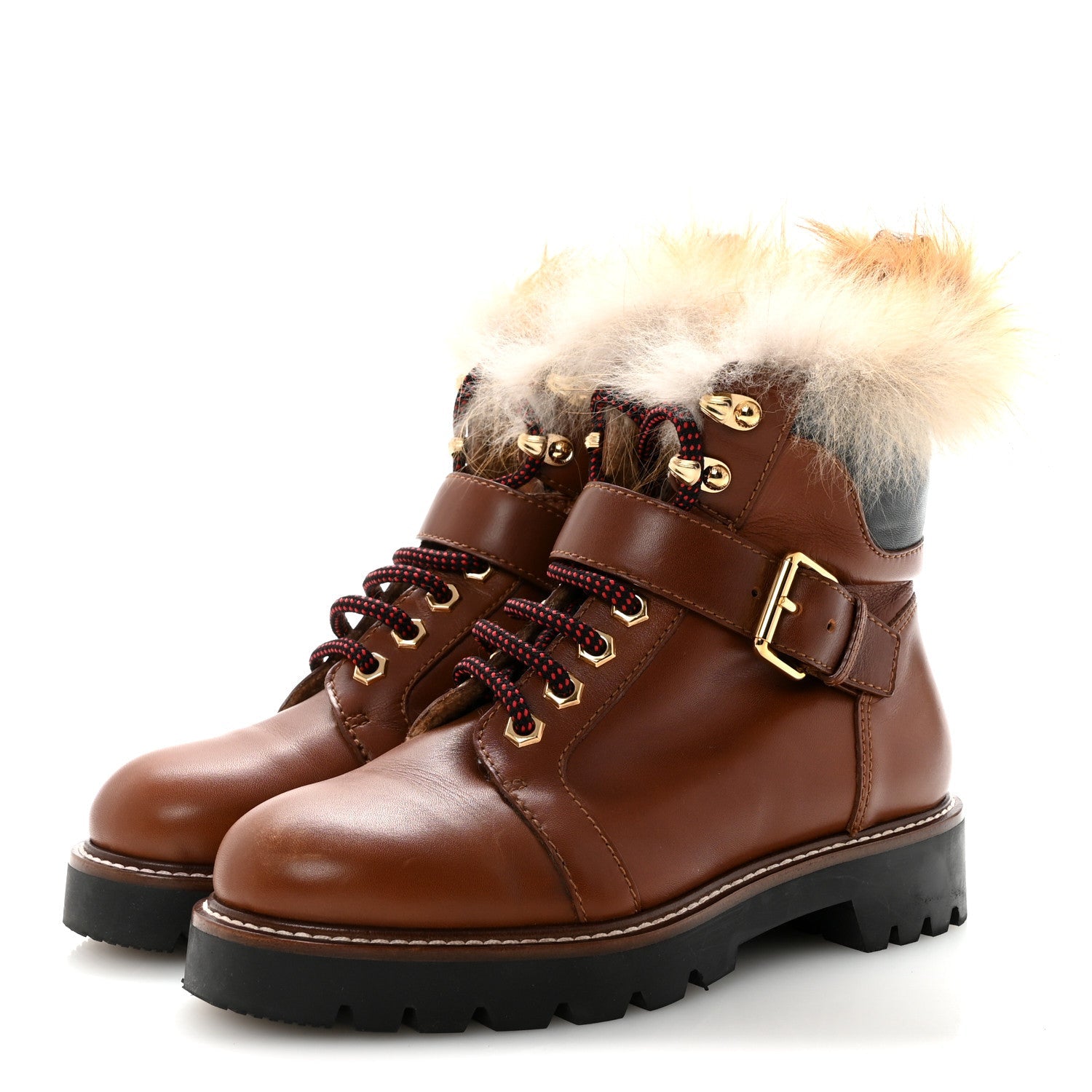 Louis Vuitton Calfskin Fur Territory Flat Ranger Combat Boots 37 Cognac