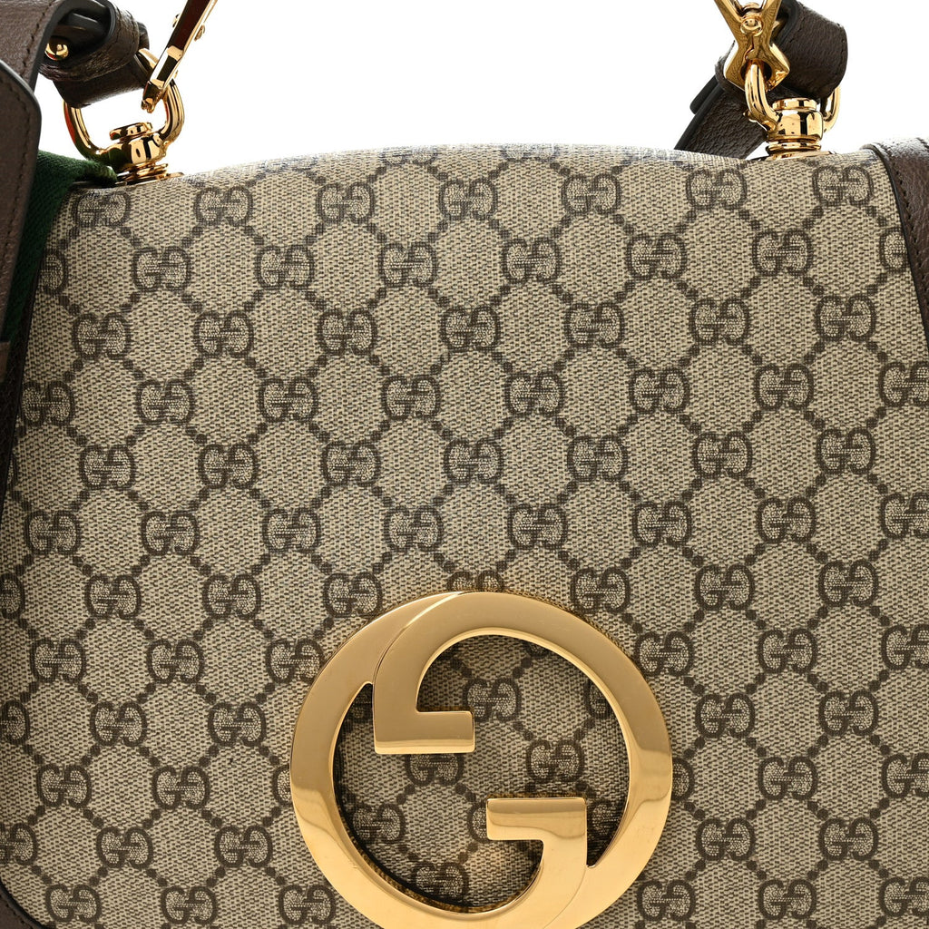Gucci GG Supreme Monogram Textured Dollar Calfskin Web Medium Blondie Top Handle Shoulder Flap Bag Beige Ebony New Acero