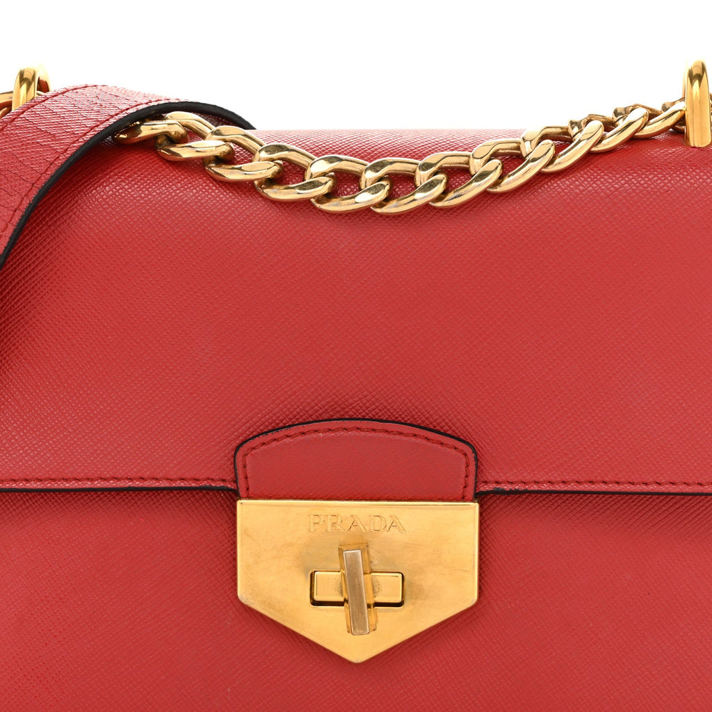 Prada Saffiano Turn Lock Chain Shoulder Bag Fuoco