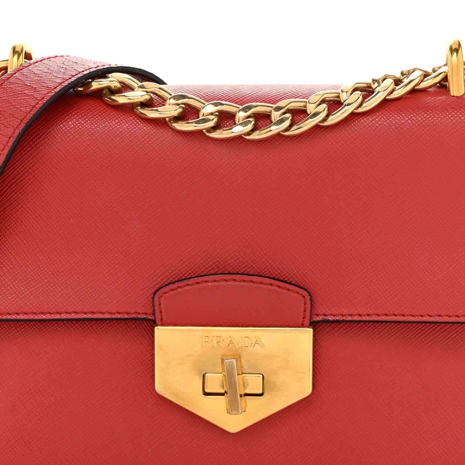 Prada Saffiano Turn Lock Chain Shoulder Bag Fuoco