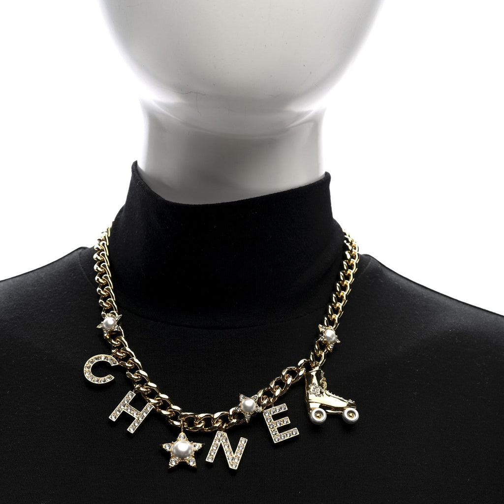 Crystal Pearl Star Rollerblade Logo Necklace Gold