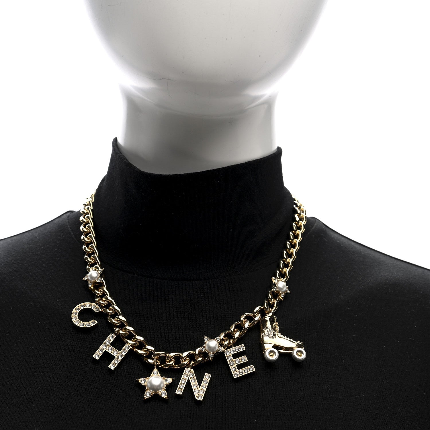 Crystal Pearl Star Rollerblade Logo Necklace Gold