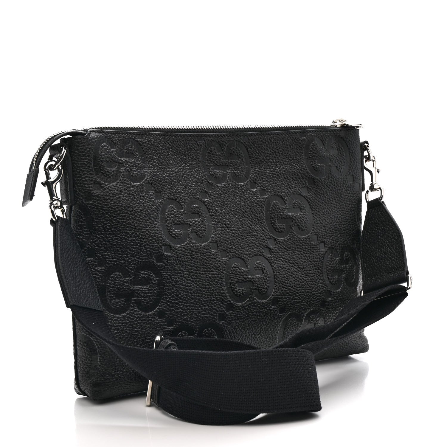 Gucci Piuma Calfskin Jumbo GG Embossed Medium Wristlet Messenger Bag Black